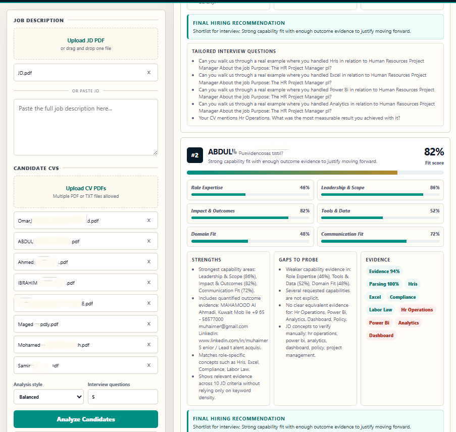 Detailed final hiring recommendation for candidates